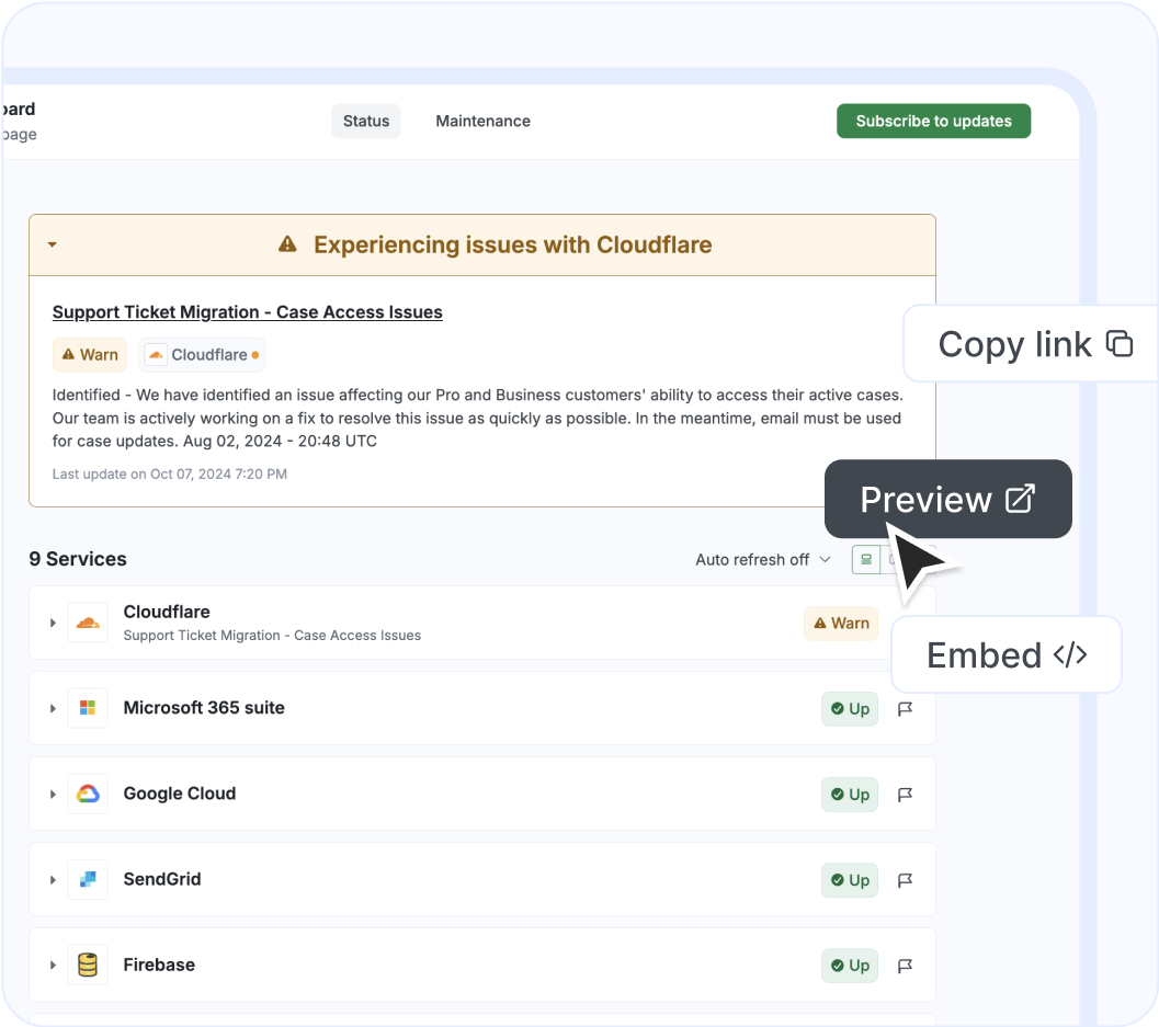 StatusGator outage monitor dashboard